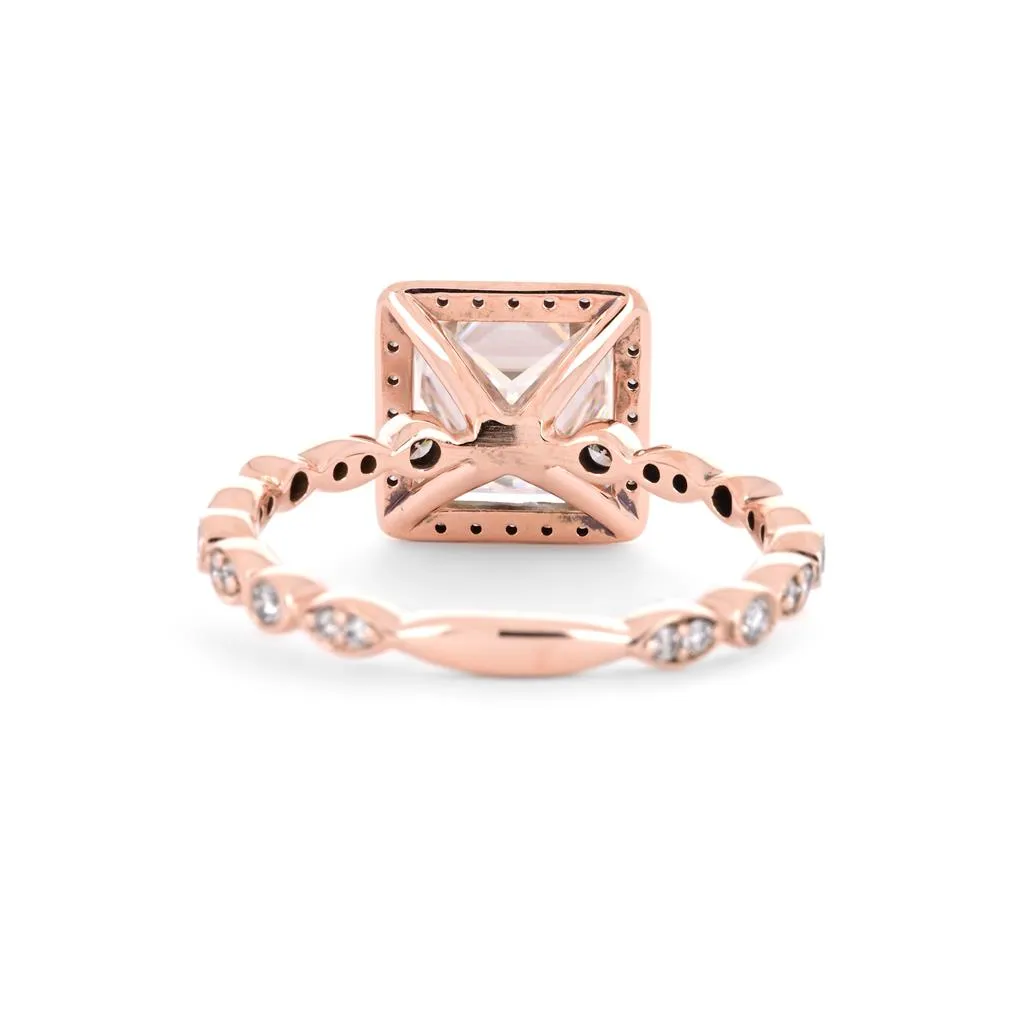 2.25tw Princess Moissanite   Diamond Engagement Ring, Halo, Scalloped - 14K Rose Gold