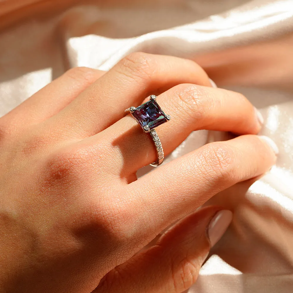 3 CT. Princess Cut Alexandrite Engagement Ring With Moissanite Accents