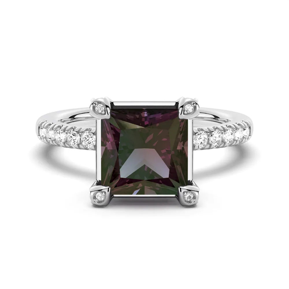 3 CT. Princess Cut Alexandrite Engagement Ring With Moissanite Accents