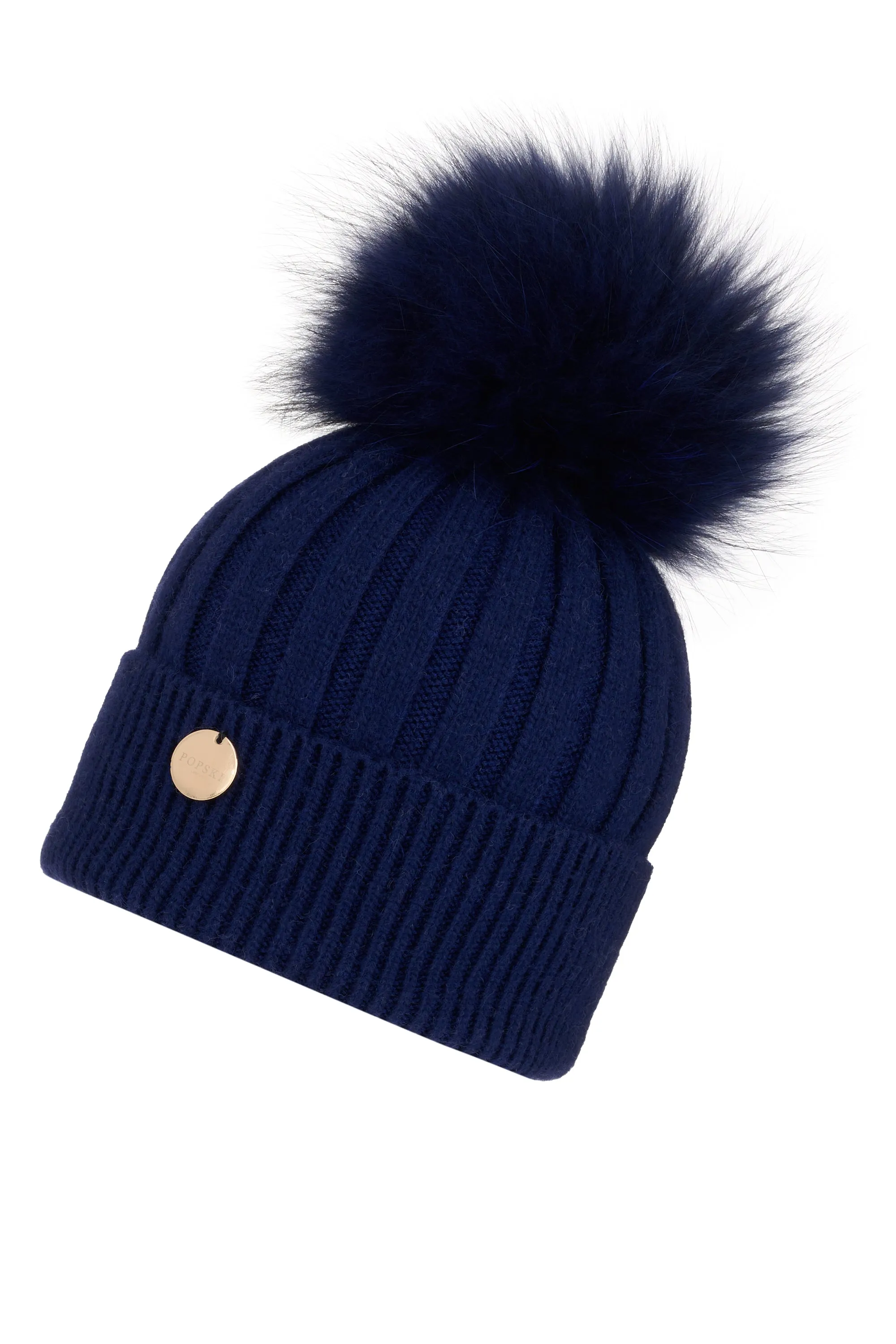 Adults Navy Angora Beanie Hat with matching Pom