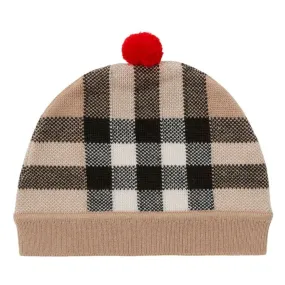 Beige Check-Pattern Knitted Beanie