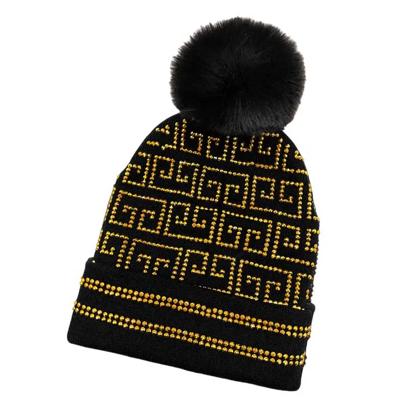 Bling Greek Pattern Pom Pom Beanie Hat