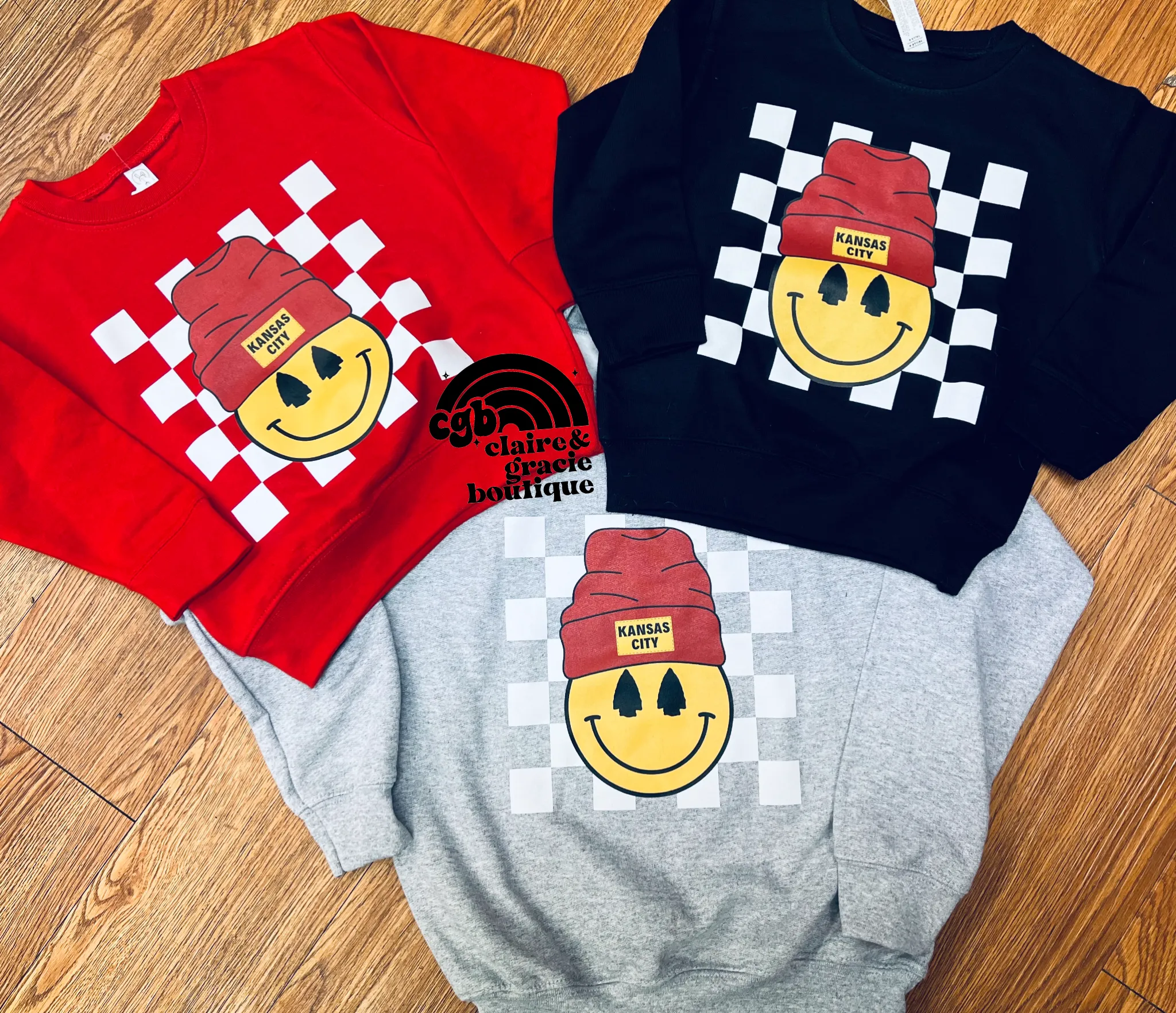 Checkered Smiley Kansas City Sweatshirt | Adult Youth Toddler | RED FRIDAY