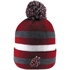 Crimson Bold Stripe Fold Over Pom Pom Beanie