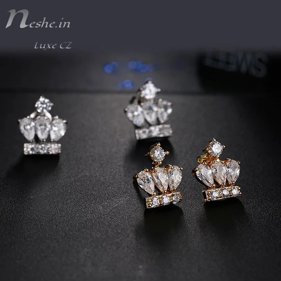 Cute Lovely Golden CZ Crystal Crown Stud Earrings