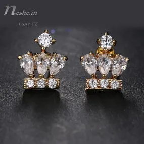 Cute Lovely Golden CZ Crystal Crown Stud Earrings