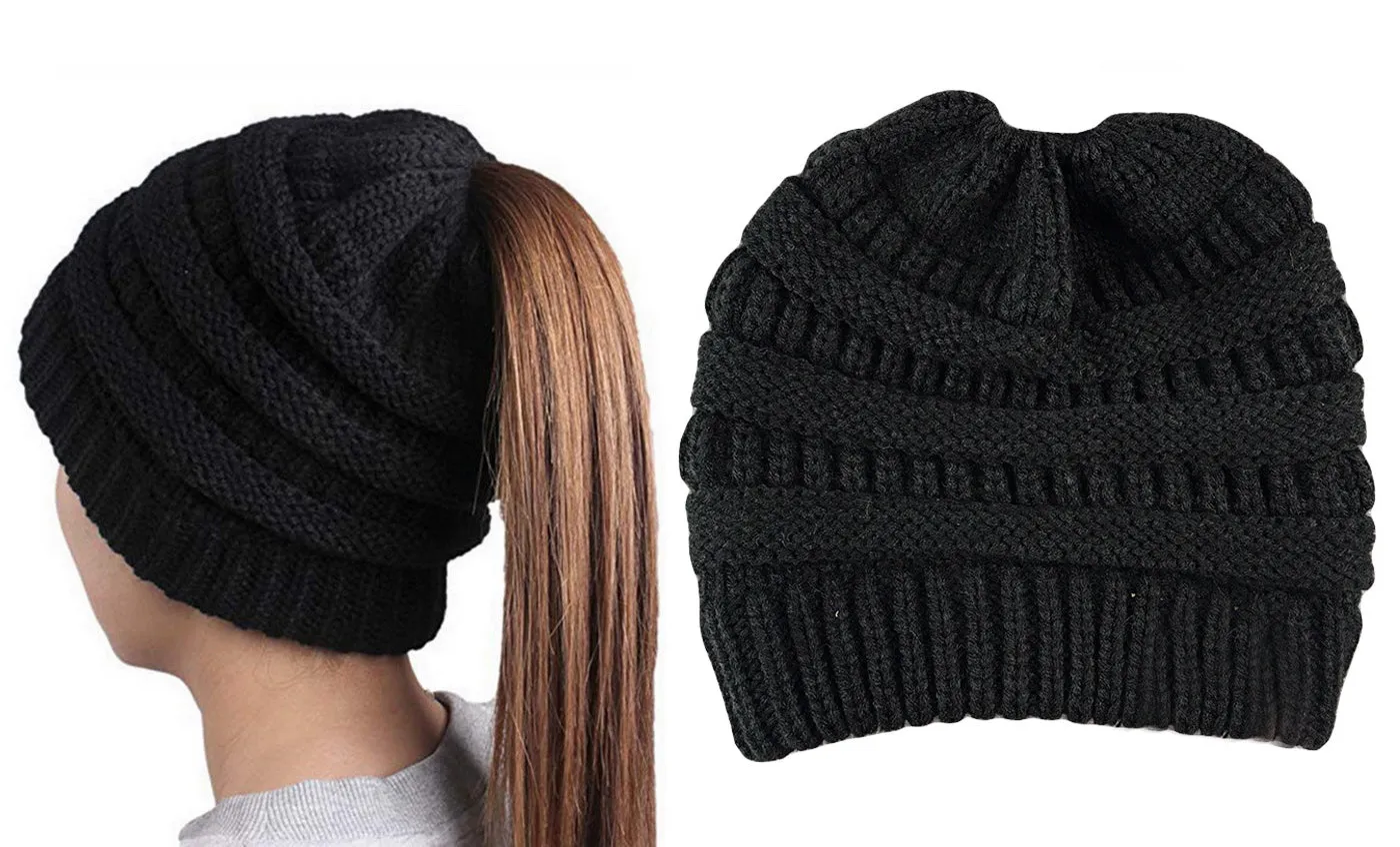 Haute Edition Women's Ponytail Messy Bun Textured Knit Beanie