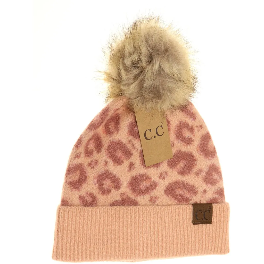 Leopard Fur CC Beanie Pom - Blush