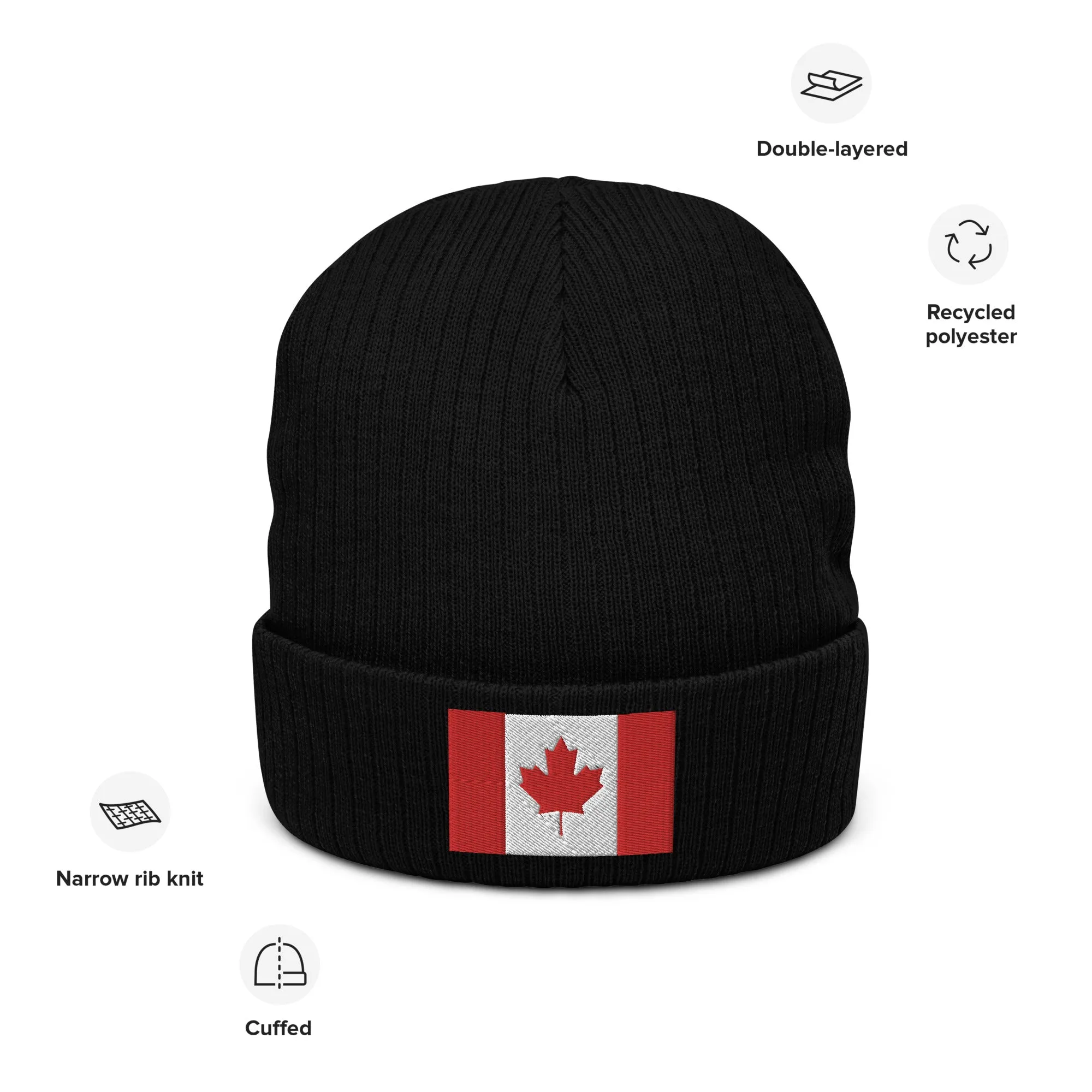 Recycled Polyester Canada Beanie / Embroidered Premium Quality Canada Flag Beanie / 8 Colors