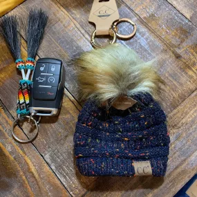 Speckled navy CC beanie hat keychain