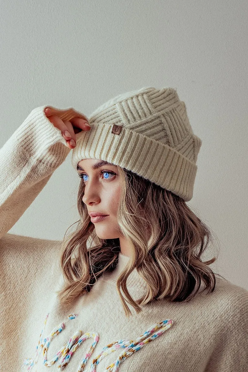 Textured Knit Cuff Beanie - Ivory