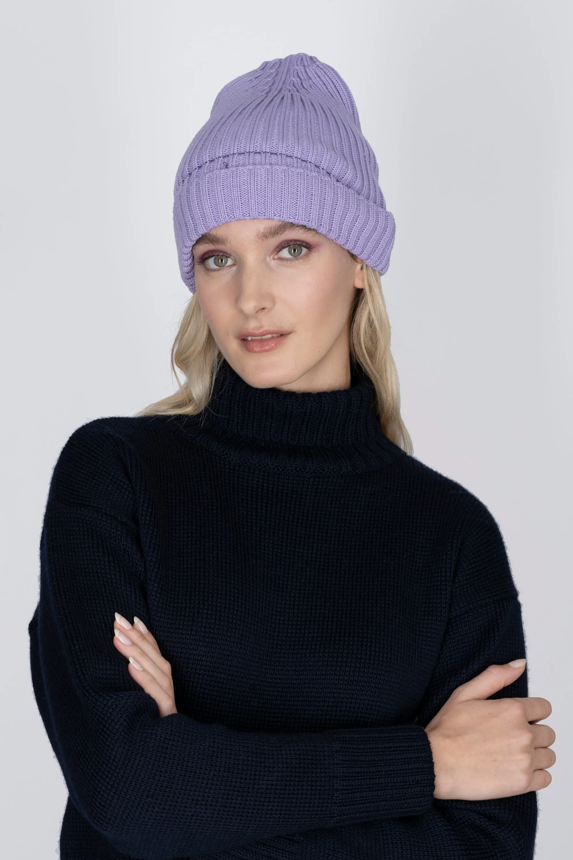 Violet Merino Ribbed Beanie Hat