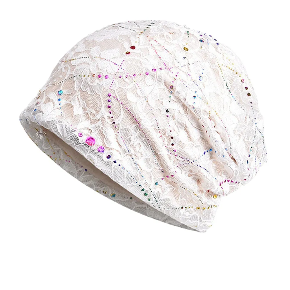 Women Colorful Epoxy Lace Hollow Beanie Hat Summer Thin Breathable Soft Floral Pattern Baotou Hat Headscarf Bonnet Hat