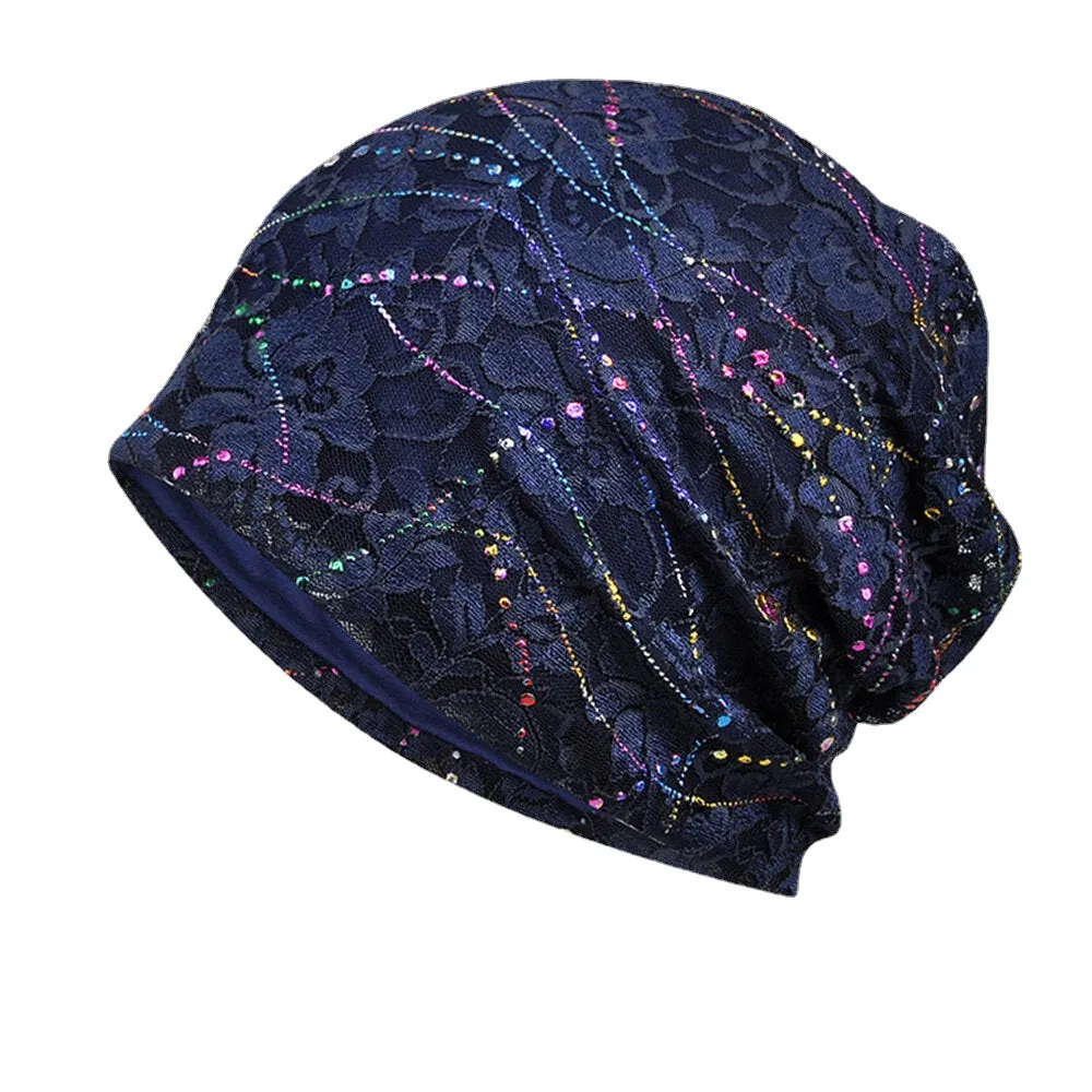 Women Colorful Epoxy Lace Hollow Beanie Hat Summer Thin Breathable Soft Floral Pattern Baotou Hat Headscarf Bonnet Hat